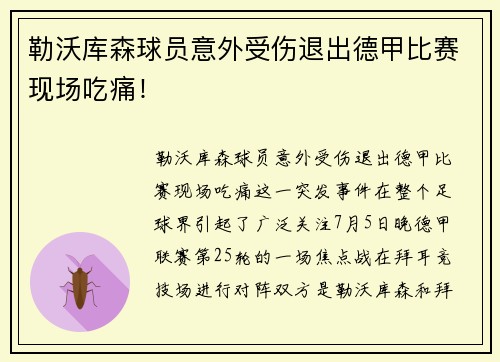 勒沃库森球员意外受伤退出德甲比赛现场吃痛！