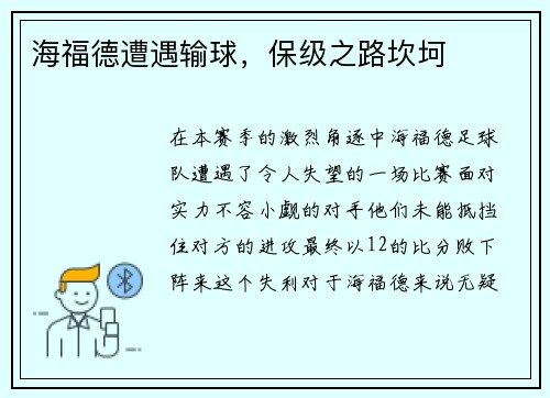 海福德遭遇输球，保级之路坎坷