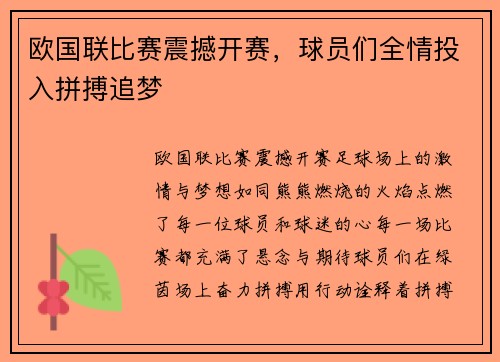 欧国联比赛震撼开赛，球员们全情投入拼搏追梦