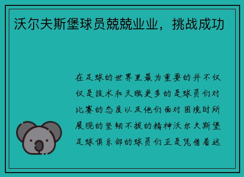 沃尔夫斯堡球员兢兢业业，挑战成功