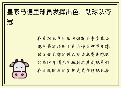 皇家马德里球员发挥出色，助球队夺冠