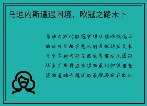 乌迪内斯遭遇困境，欧冠之路未卜