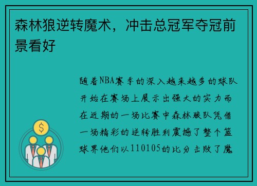 森林狼逆转魔术，冲击总冠军夺冠前景看好