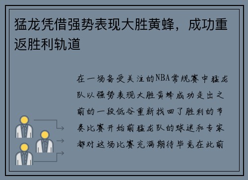 猛龙凭借强势表现大胜黄蜂,成功重返胜利轨道