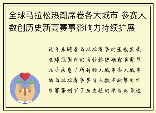 全球马拉松热潮席卷各大城市 参赛人数创历史新高赛事影响力持续扩展