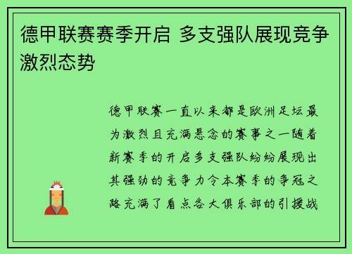 德甲联赛赛季开启 多支强队展现竞争激烈态势