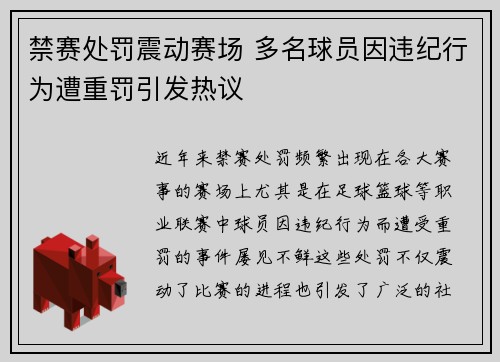禁赛处罚震动赛场 多名球员因违纪行为遭重罚引发热议