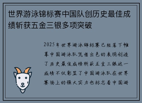 世界游泳锦标赛中国队创历史最佳成绩斩获五金三银多项突破
