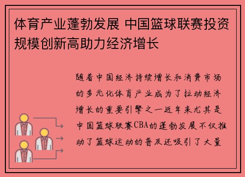 体育产业蓬勃发展 中国篮球联赛投资规模创新高助力经济增长